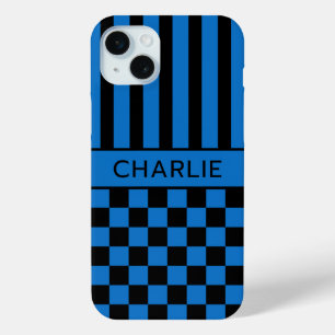 Black and Blue Chequered Striped Personalised Case