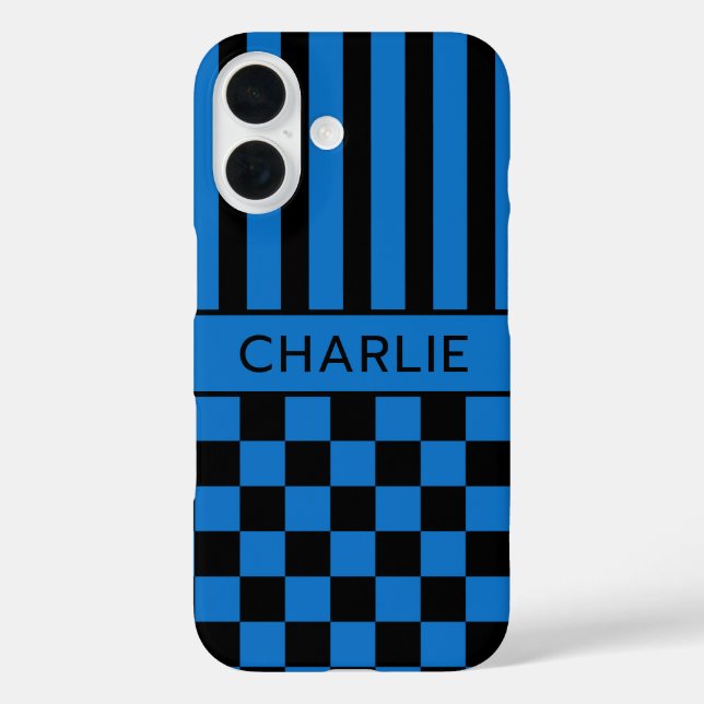 Black and Blue Chequered Striped Personalised Case-Mate iPhone Case (Back)