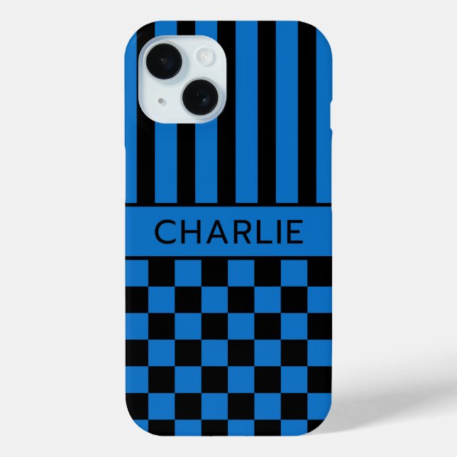 Black and Blue Chequered Striped Personalised Case-Mate iPhone Case (Back)