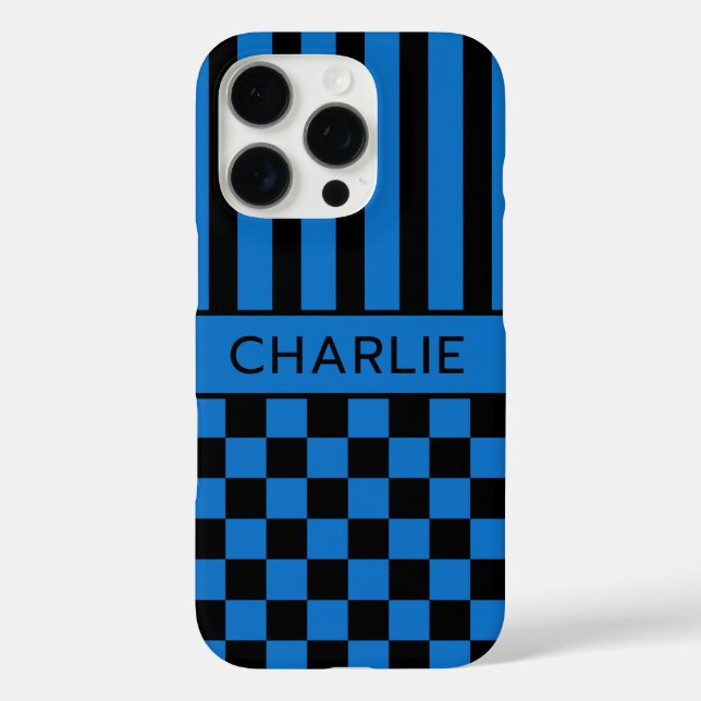 Black and Blue Chequered Striped Personalised Case-Mate iPhone Case (Back)