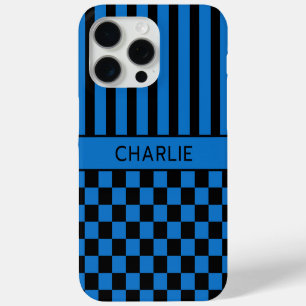 Black and Blue Chequered Striped Personalised iPhone 15 Pro Max Case