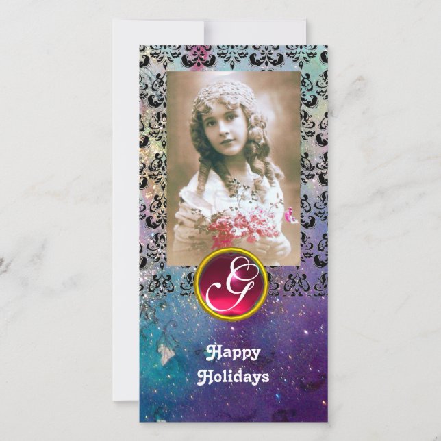 BLACK AND BLUE DAMASK Red Ruby Monogram Holiday Card (Front)