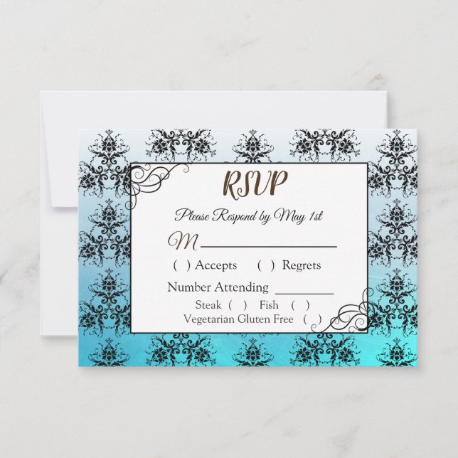 Black and Blue Damask Wedding RSVP card (Front)