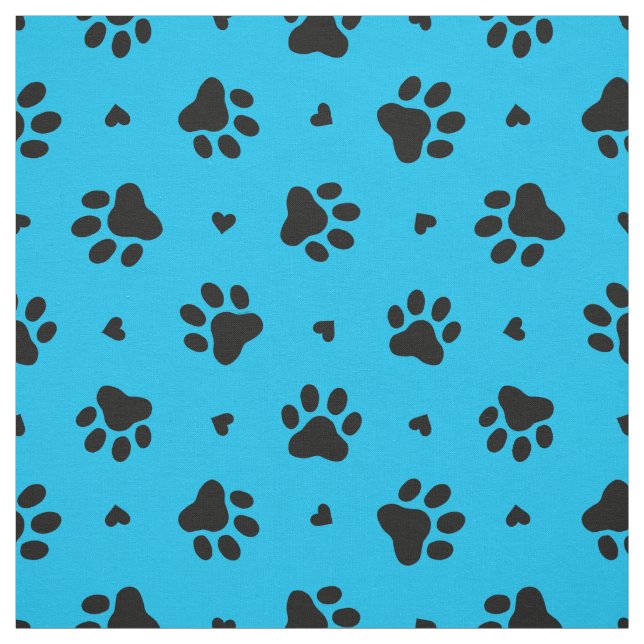 Black and Blue Dog Paw Prints and Hearts Pattern Fabric (Swatch)