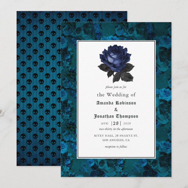 Black and Blue Gothic Floral Wedding Invitation (Front/Back)