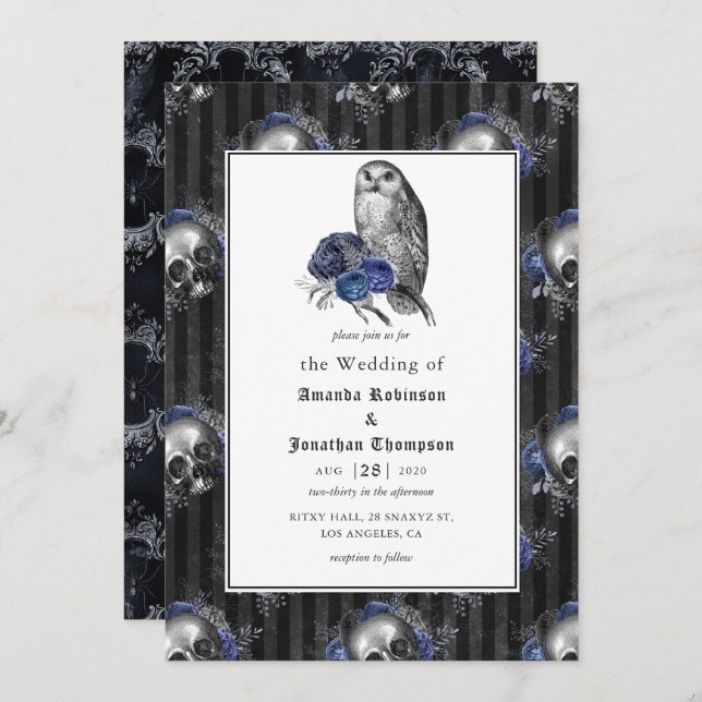 Black and Blue Gothic Floral Wedding Invitation (Front/Back)
