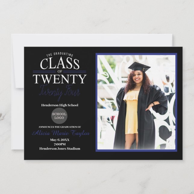 Black and Blue Graduation Invitation with Photo (Front)
