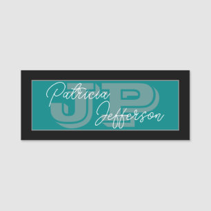 Black and Blue-Green Teal Handwritten: Monogrammed Name Tag