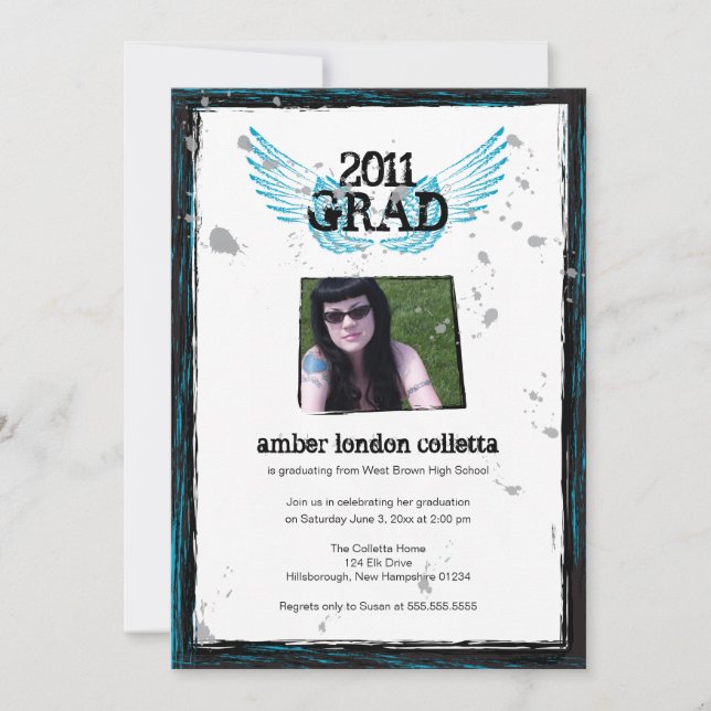 Black and Blue Grunge Wings Graduation Invitation (Front)