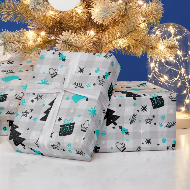 Black and Blue Holiday Plaid Christmas  Wrapping Paper (Holidays)