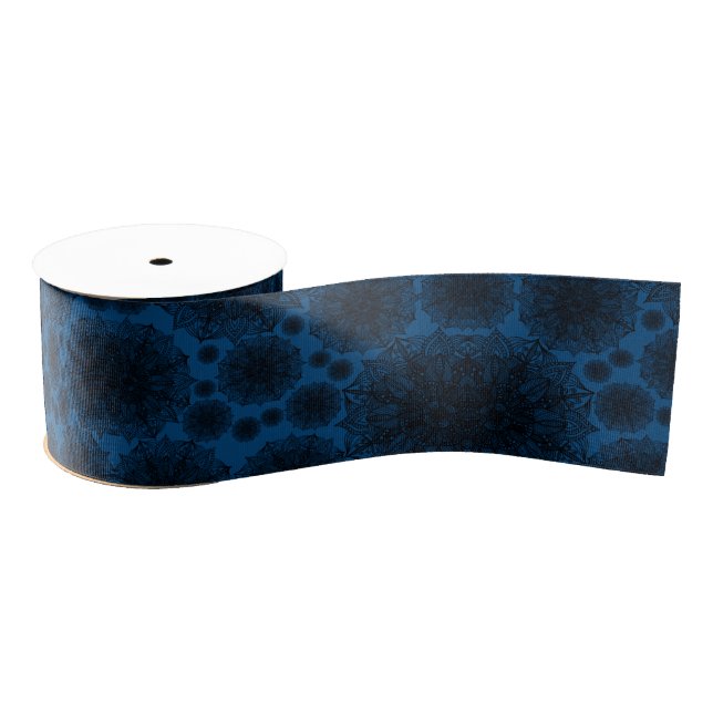 Black and Blue Mandala Pattern Grosgrain Ribbon (Spool)