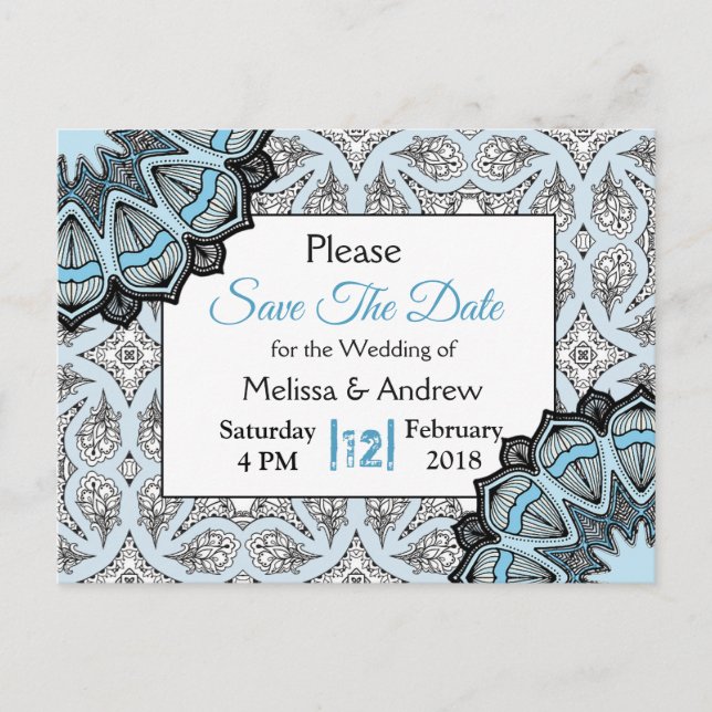 Black and Blue Mandala Wedding Save the Date Announcement Postcard (Front)