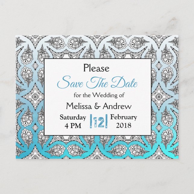 Black and Blue Mandala Wedding Save the Date Announcement Postcard (Front)