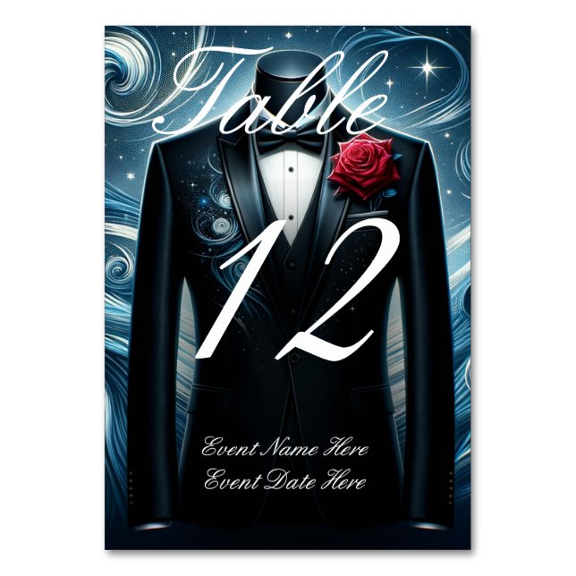 Black and Blue Modern Tuxedo Table Number (Front)