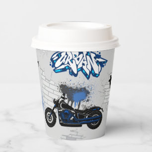 Black and blue motorbike grey paper cups