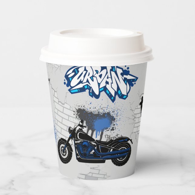 Black and blue motorbike grey paper cups (Front)