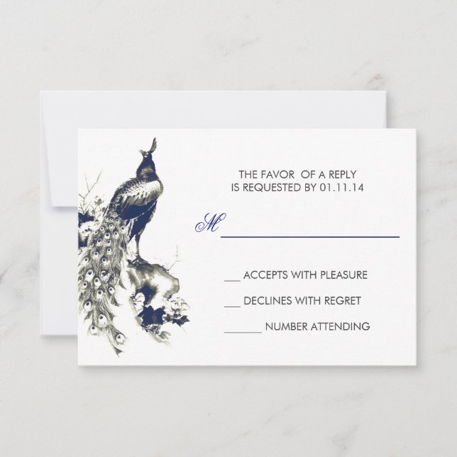 black and blue peacock drawing wedding RSVP cards (Front)
