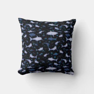 Black And Blue Repeating Motif   Shark Pattern Cushion