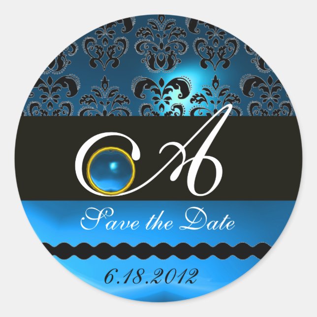 BLACK AND BLUE SAPPHIRE DAMASK MONOGRAM, CLASSIC ROUND STICKER (Front)