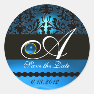BLACK AND BLUE SAPPHIRE DAMASK MONOGRAM, CLASSIC ROUND STICKER