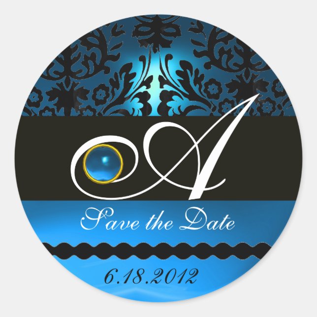 BLACK AND BLUE SAPPHIRE DAMASK MONOGRAM, CLASSIC ROUND STICKER (Front)