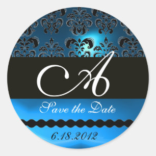 BLACK AND BLUE SAPPHIRE DAMASK MONOGRAM, CLASSIC ROUND STICKER