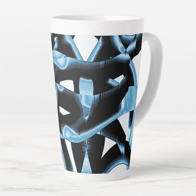 Black and blue scraps or tapes being destroyed latte mug (Right Angle)
