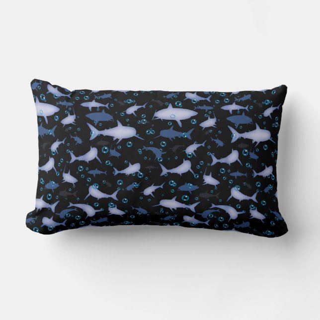Black and Blue Shark Silhouette Pattern Lumbar Cushion (Front)