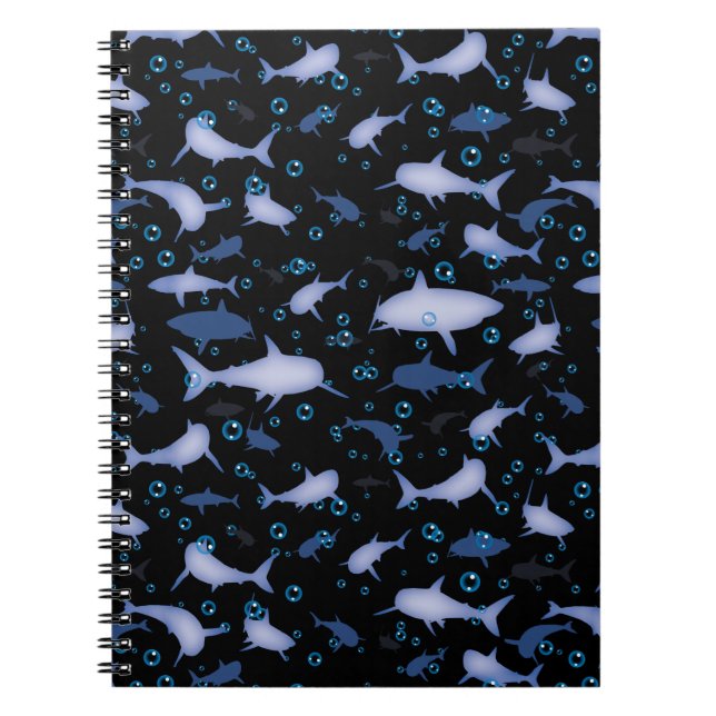 Black and Blue Shark Silhouette Pattern Notebook (Front)