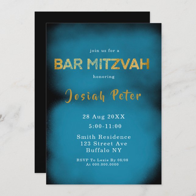 Black and Blue Smoke Bar Mitzvah Invitations (Front/Back)