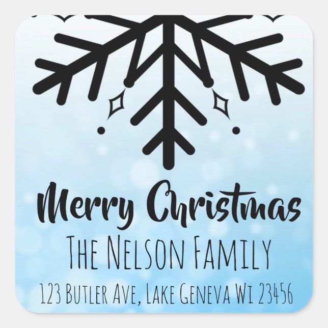 Black and Blue Snowflake Personalised Christmas Square Sticker (Front)