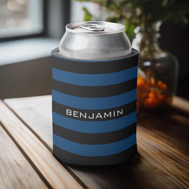 Black and Blue Striped Pattern Add Your Name Can Cooler (Personalized Can Cooler - Add Custom Text or Name)