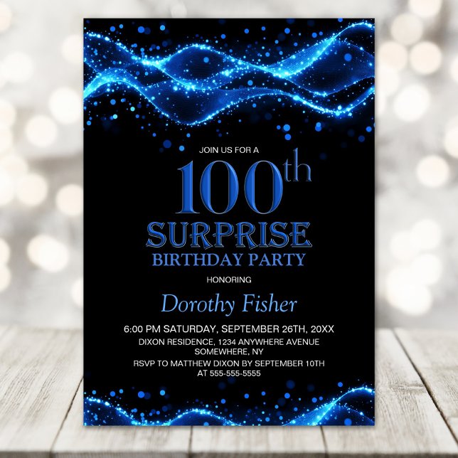 Black and Blue Surprise 100th Birthday Party Invitation (Creator Uploaded)