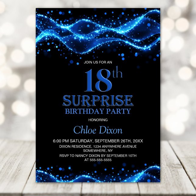 Black and Blue Surprise 18th Birthday Party Invitation (Creator Uploaded)