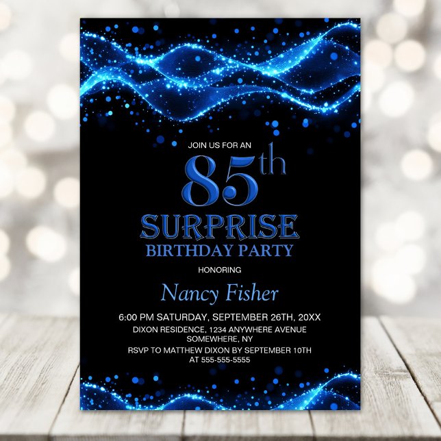 Black and Blue Surprise 85th Birthday Party Invitation (Creator Uploaded)