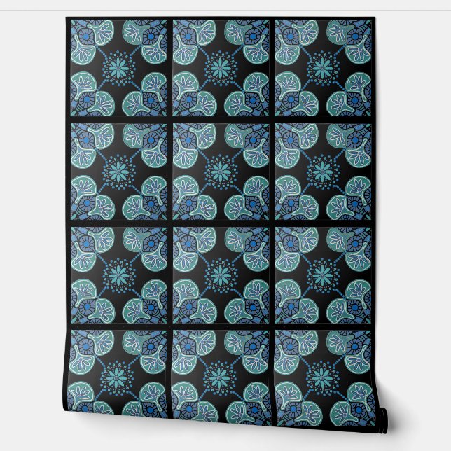 Black and blue tile pattern vinyl wallpaper (Unrolling)
