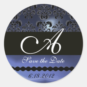 BLACK AND BLUE TOPAZ DAMASK MONOGRAM, CLASSIC ROUND STICKER