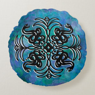 Black and Blue Tribal Snake Mandala Round Cushion