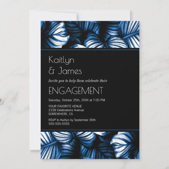 Black and Blue Tropical Palm Engagement Party Invitation (Front)