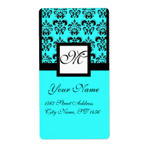 BLACK AND BLUE TURQUASE SQUARE DAMASK MONOGRAM