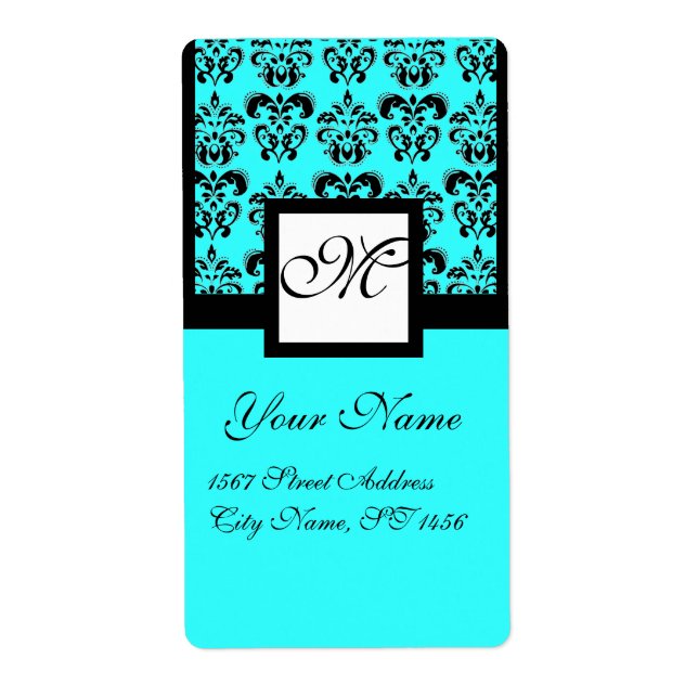 BLACK AND BLUE TURQUASE SQUARE DAMASK MONOGRAM (Front)