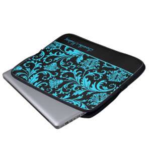 Black And Blue Vintage Floral Damasks-Mnogram Laptop Sleeve