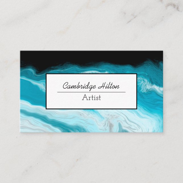 Black and Blue Waves Marble Fluid Art   Business Card (Front)