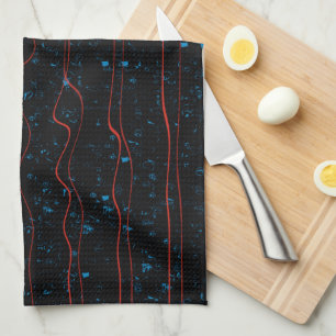 Black and Blue with Wavy Red Lines Tea Towel