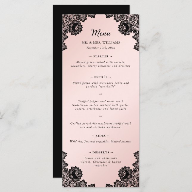 Black and Blush Floral Lace Rustic Wedding Menu (Front/Back)