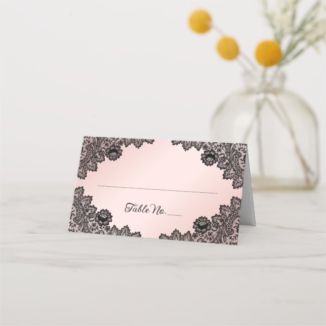 Black and Blush Floral Lace Wedding Place Card (Front)