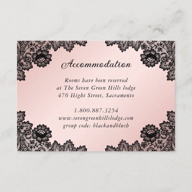 Black and Blush Lace Wedding Details Accommodation Enclosure Card (Back)