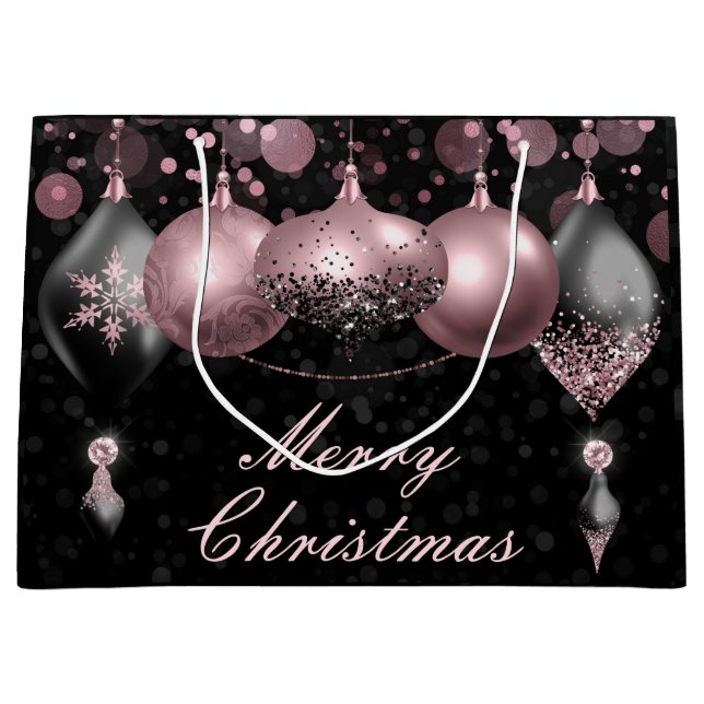 Black and blush pink Christmas Baubles Ornaments Large Gift Bag (Front)