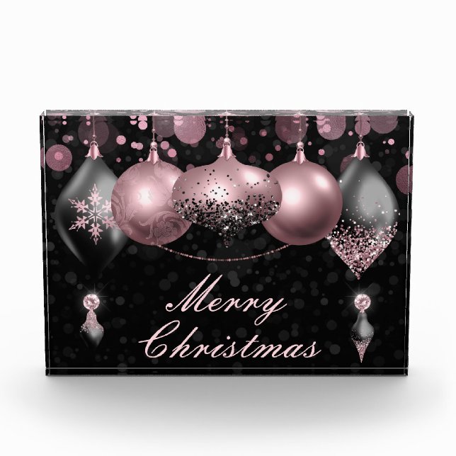 Black and blush pink Christmas Baubles Ornaments Photo Block (Front)