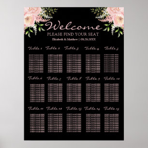 Black and Blush Pink Floral Wedding Seating Chart